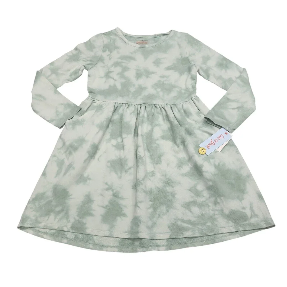 Girls Long Sleeve French Terry Tie Dye Dress - Cat & Jack Green Size Large 10/12 - Picture 1 of 5